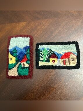 2 Vtg Micro Punch Needle Dollhouse Diorama Hook Rugs Landscape Cottage Folk Art